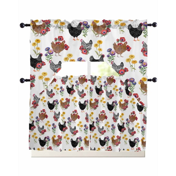 Farmhouse Rooster Swag Kitchen Curtains Sets for Windows 24 Inch Length, Country Watercolor Flowers Wood Grain Short Window Curtain Panels Swags Valances and Tiers 3 Piece Set for Cafe/Dining Room