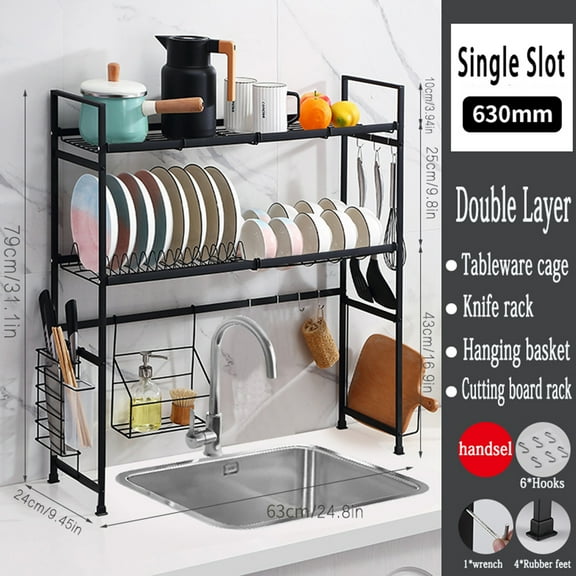 Over the Sink Dish Drying Rack - Adjustable 2-Tier Large Dish Dryer Rack for Kitchen Organizer Storage Space Saver Shelf Utensils Holder with 5 Utility Hook Tableware Drainer