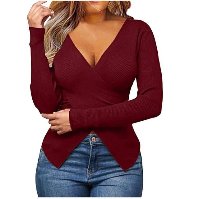 KIHOUT Spring Winter Womens Tops Fashion Solid Color Long Sleeve Breathable V-Neck Shirt Blouse Tops
