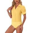 thumbnail image 4 of INSPIRE CHIC Women's Button Up Bodysuit One-Piece Short Sleeve Work Shirt Blouse XL Yellow, 4 of 5