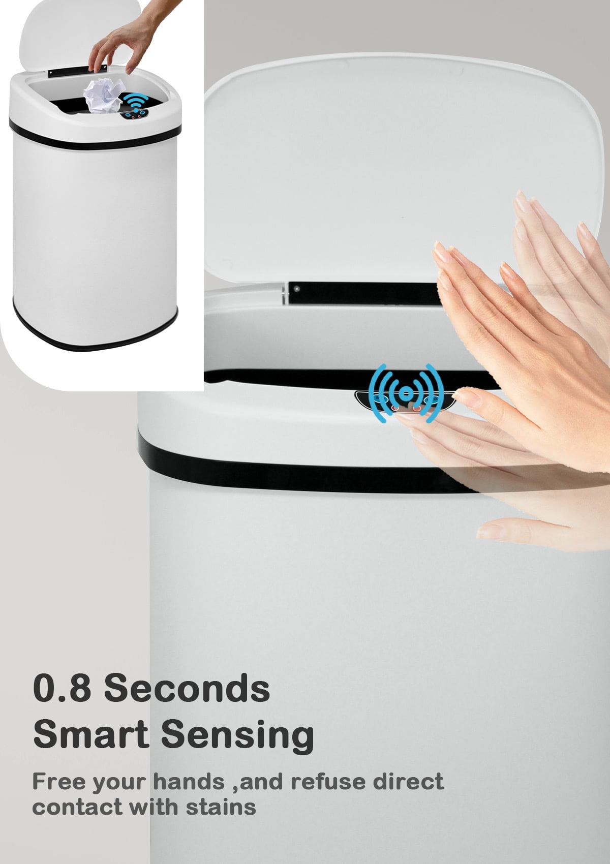 CL.HPAHKL 13 Gallon Kitchen Trash Can with Lid, Stainless Steel Oval Automatic Garbage Can for Home Office Bedroom Living Room Garage, Large Capacity Trash Bin Trashcan, White