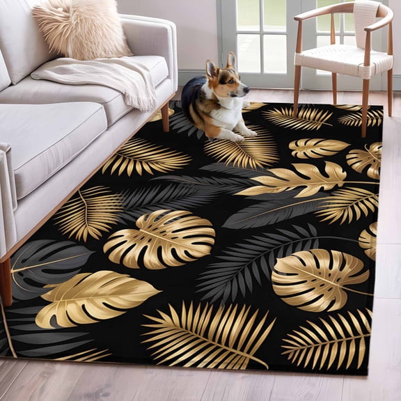 Area Rugs for Living Room Bedroom, Black Golden Palm Leaf 4'x6' Rug Washable Carpet Runner Indoor Outdoor, Tropical Plant Modern Luxury Non Slip Accent Floor Mats Rug for Kitchen, Office