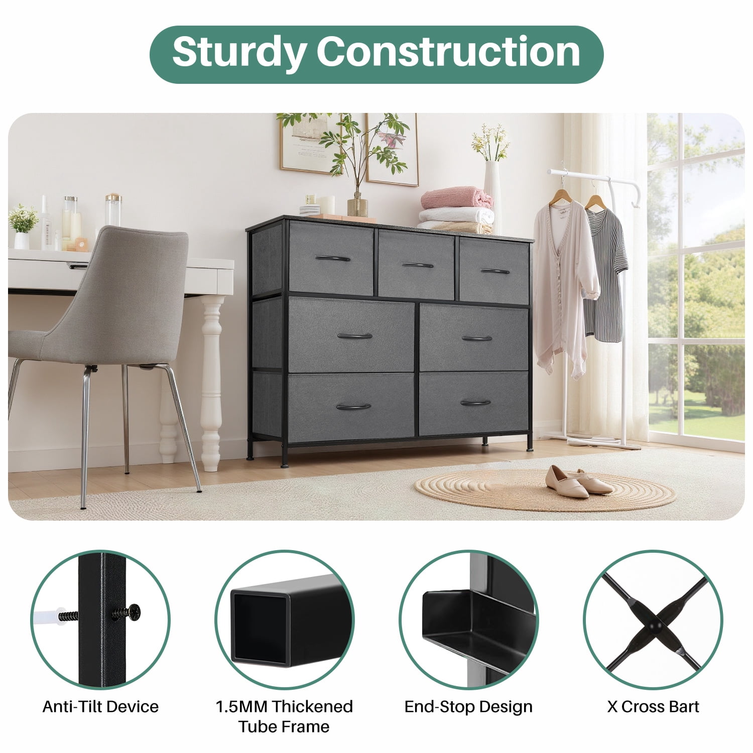 TINKLE WELL Wide 7 Drawer Fabric Dresser, Soft Storage Unit with Bins for Clothes, Toys, Linens, Fits Bedroom, Living Room, Hallway, Grey