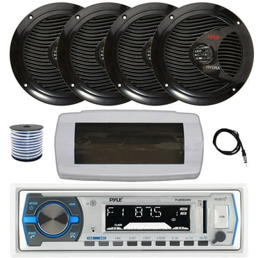 Pyle PLMRB29W Single DIN Bluetooth Marine MP3 AM/FM Stereo Receiver with White Cover, 22" Radio Antenna, Wire, 4x 6.5" 150 Watt Max Full Range Dual Cone Waterproof Stereo Speakers (Black)