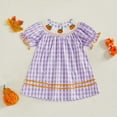 thumbnail image 2 of KPOPLK Kids Baby Girl Outfit Short Puff Sleeve Plaid Pumpkin Embroidery Smocked Dress Toddler Fall Dress(12-18 Months,A104-Purple), 2 of 6