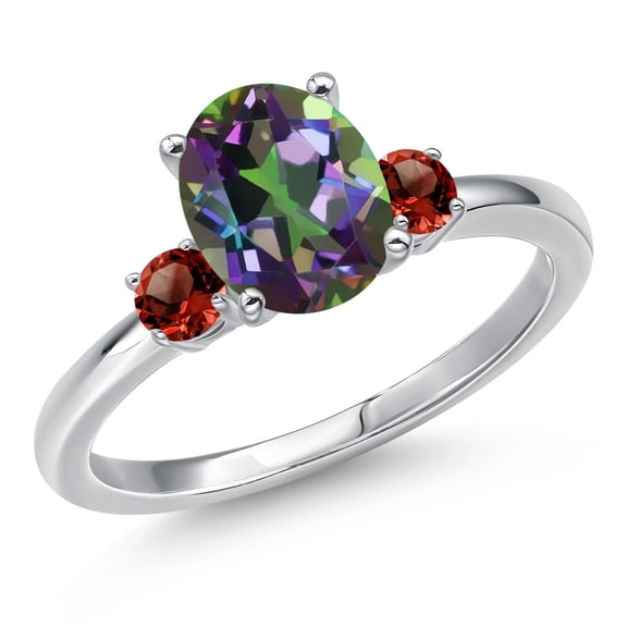 Gem Stone King 14K White Gold Green Mystic Topaz and Red Garnet Engagement Ring for Women | 2.60 Cttw | Oval 9X7MM | Gemstone November Birthstone | Size 6