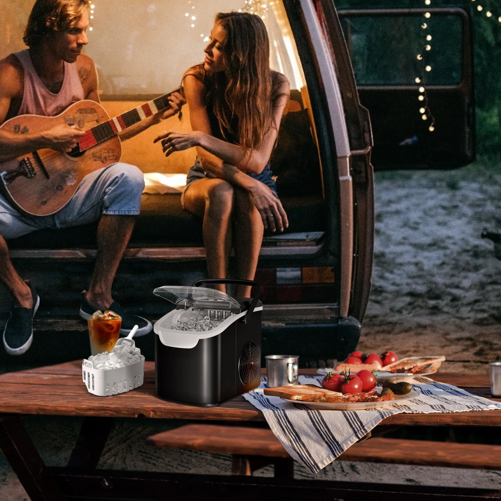FREE VILLAGE Countertop Ice Maker Machine,26 lbs/Day Ice with 2 Sizes Portable Mini ice Maker,Energy Saving with Ice Basket/Scoop for Home/Doom/Party/Travel/Camping/Bar,Black