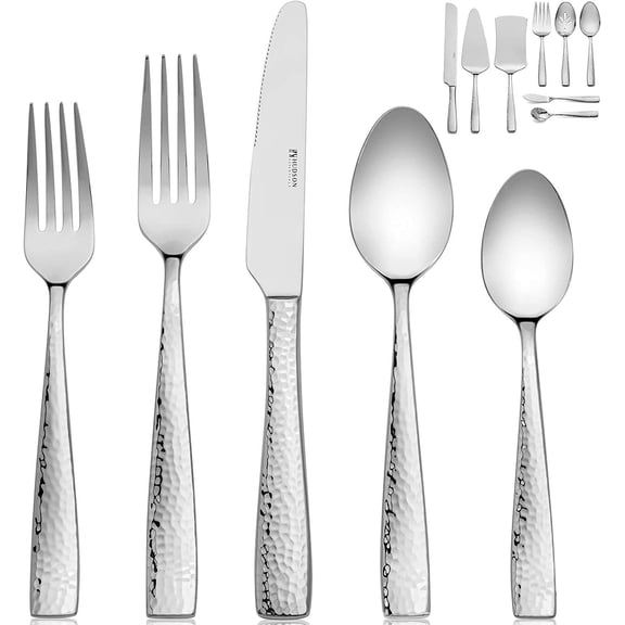 68-Piece Hammered 18/10 Stainless Steel Silverware Cutlery Set with Serving Set, Flatware Service for 12 (68-Piece Set)