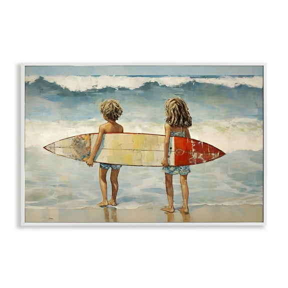 Stupell Industries Kids with Surf Waves People Painting White Framed Art Print Wall Art, 18 x 12