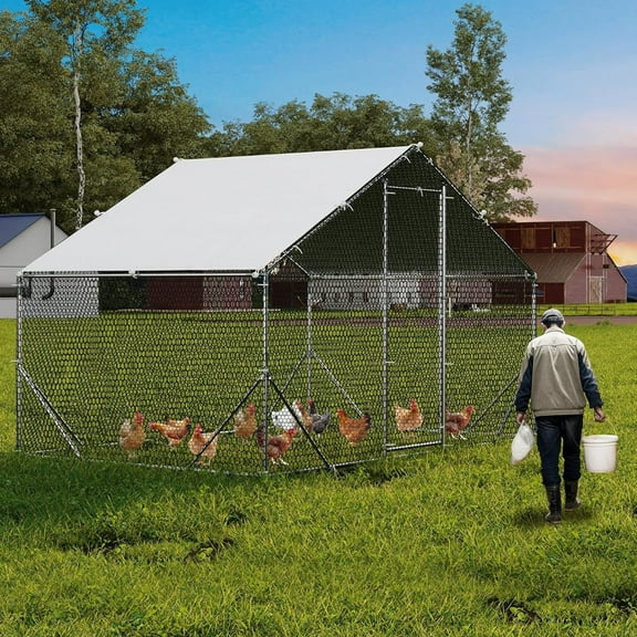 Large Metal Chicken Coop, Chicken Run for 6/10 Chickens, Outdoor Walk in Poultry Cage with Anti-UV Cover and Waterproof