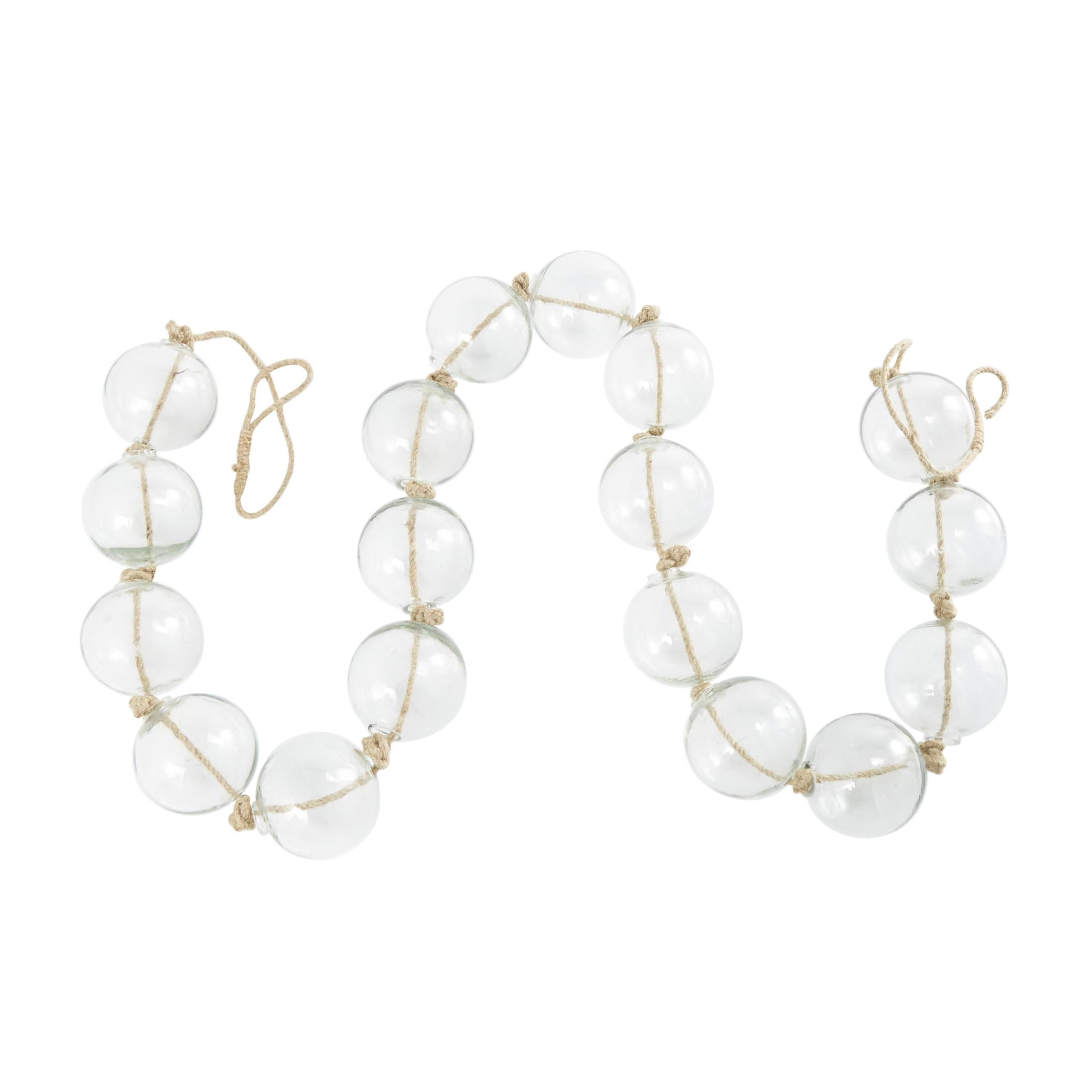 DecMode Handmade Round Extra Long Frosted Orb Clear Glass Garland with Tassel with Knotted Jute Rope