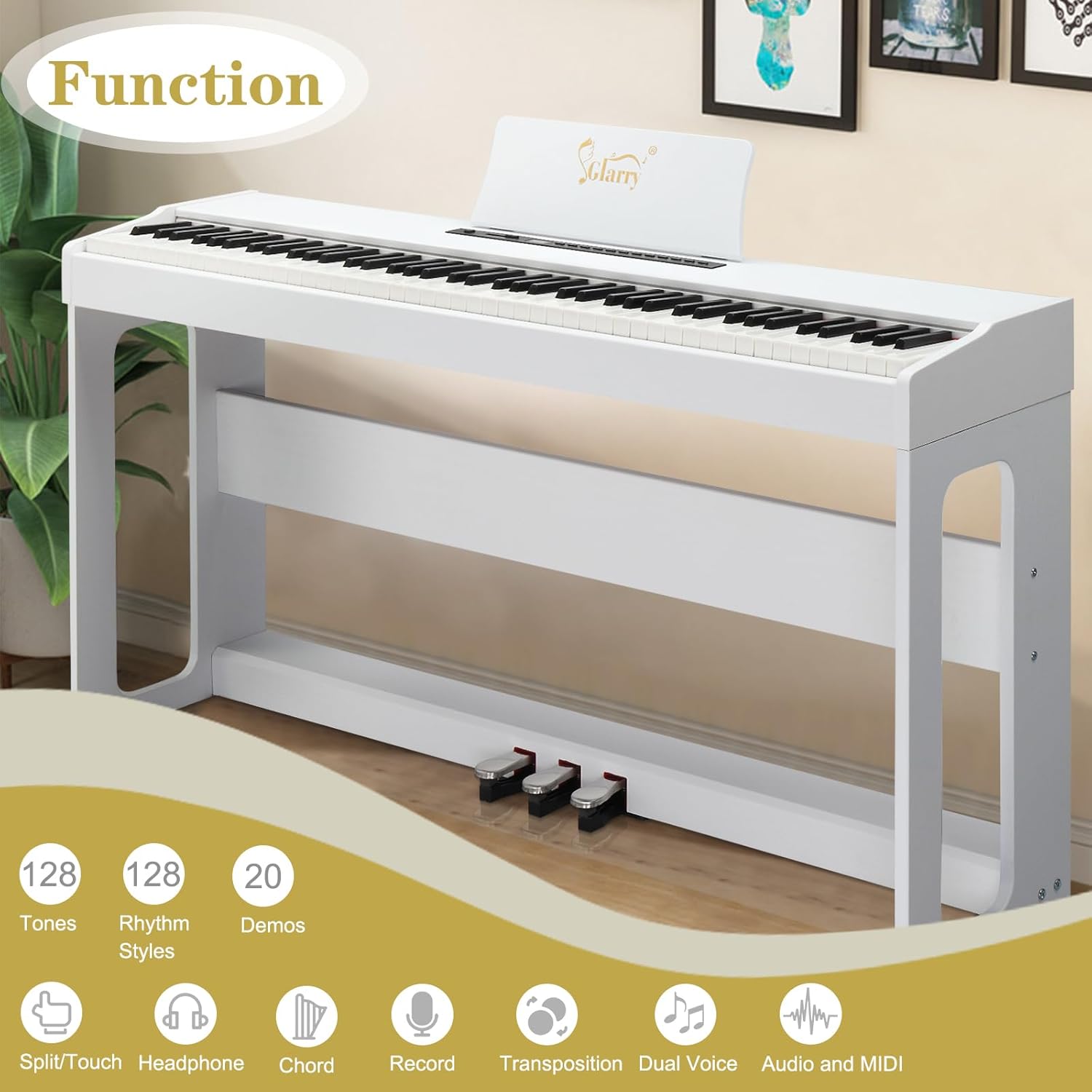 GLARRY Digital Piano 88-Key Home Full Weighted Hammer Heavy Action Digital Piano for All Experience Levels, Beginer, Portable Electric Keyboards Piano, Triple Pedals (Black)