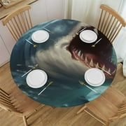 JEUXUS Round Fitted Tablecloth with Elastic Edged, Shark Sea Waves Round Table Cover Wipeable Waterproof Table Cloth for Kitchen Dining Table Party Picnic