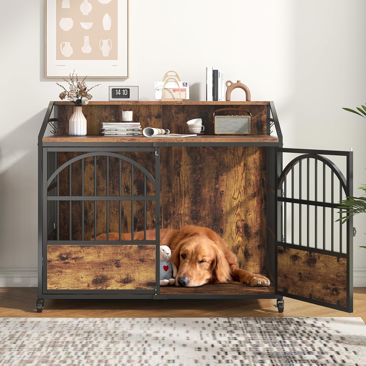 Frmobepts 44 Inch Wooden Dog Crate Furniture,Double-Doors Kennel Indoor with Bowls and Led Light,End Table Dog Crate for Decoration,Brown