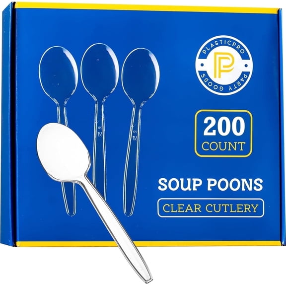 PLASTICPRO Clear Plastic Soup Spoons Heavy Duty Disposable Silverware, 200-Pack