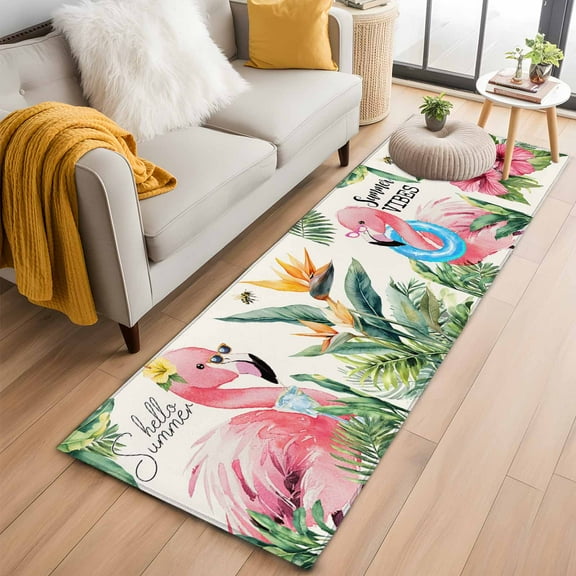 Pink Flamingos Kitchen Runner Rug 2x6 Washable Runners for Hallway Non Slip Summer Palm Leaf Tropical Botanical Large Area Rug Indoor Floor Carpet for Bathroom Laundry Entryway Bedroom Living Room