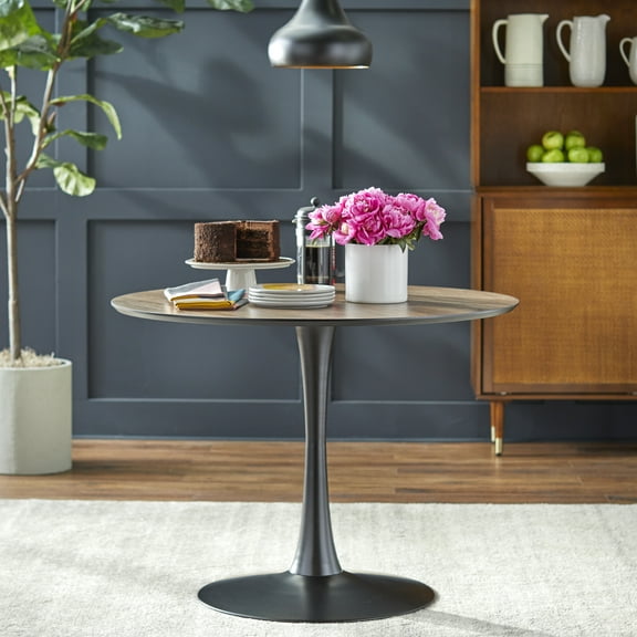 angelo:HOME Kavitt 39" Round Metal Pedestal Dining Table in Walnut and Black Finish