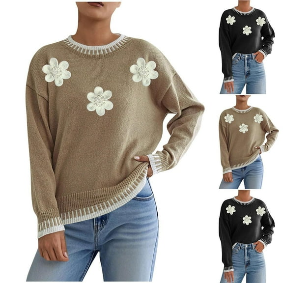 Karight Womens Oversized Cute Flower Sweater Winterl Trendy Vintage Y2k Floral Knit Crewneck Long Sleeve Pullover Tops