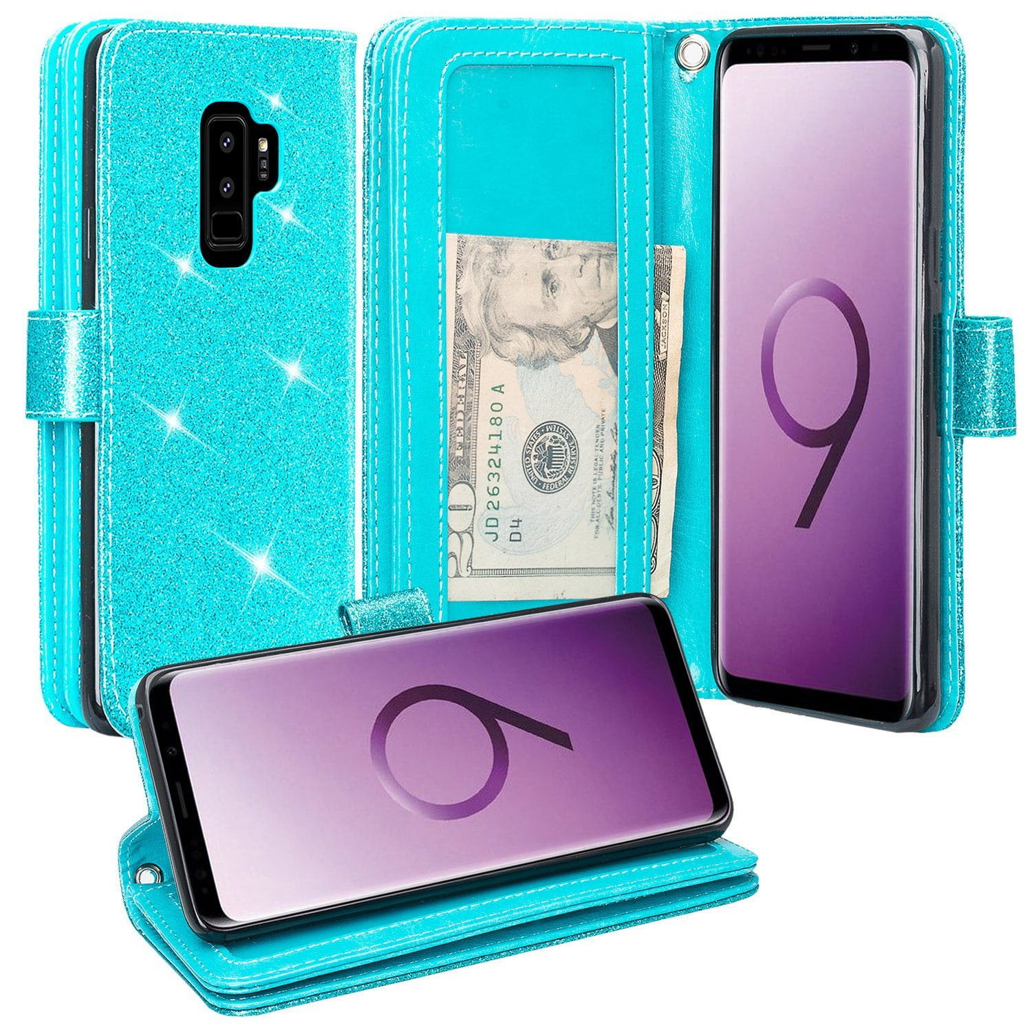Butterfly Pattern Leather Flip Wallet Cover Protective Cases for Samsung Galaxy S9 Plus Purple iDoer S9 Plus Case