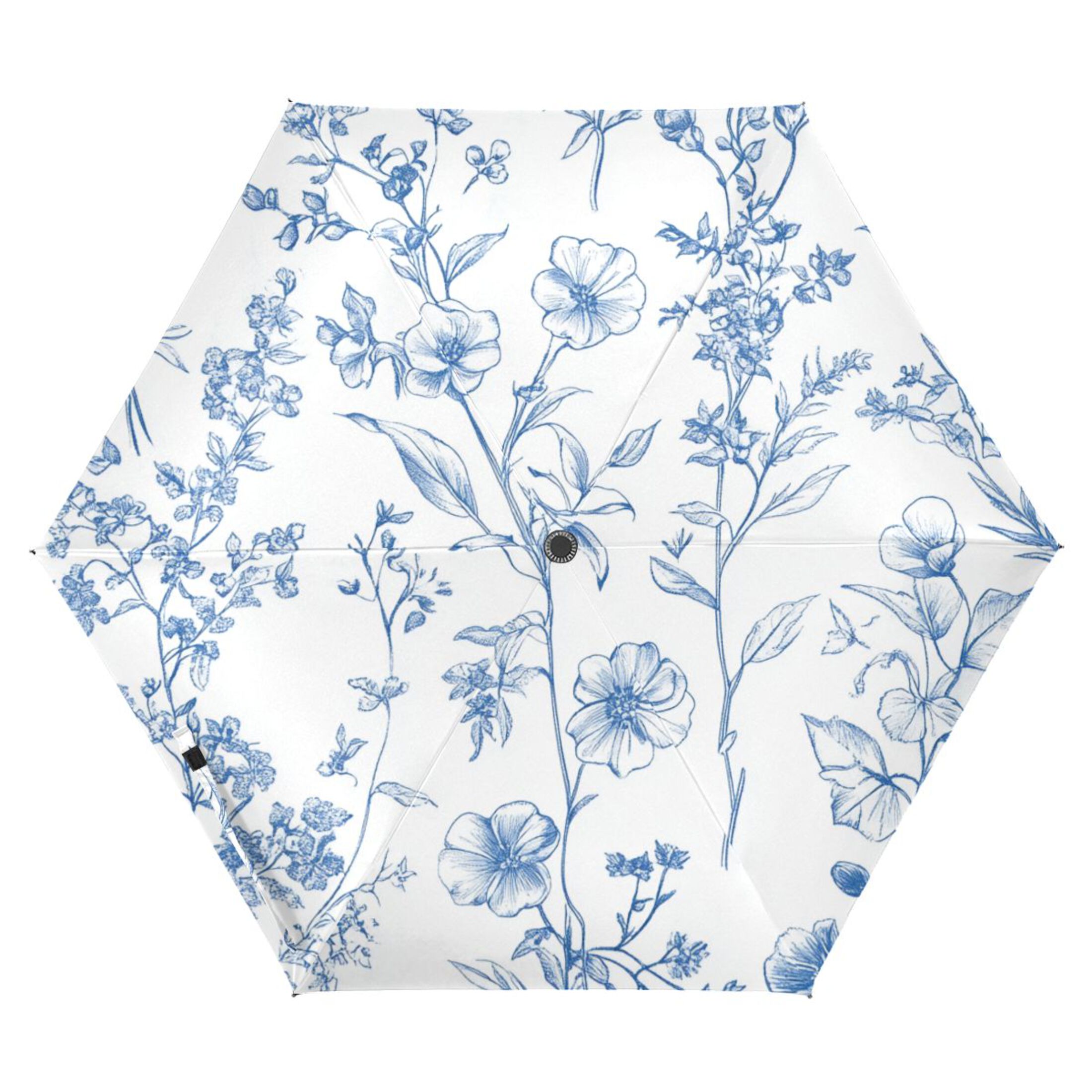 Different Blue Ink Flowers All Weather Umbrella Triple Folding Parasol 6 Ribs UV Protection Portable