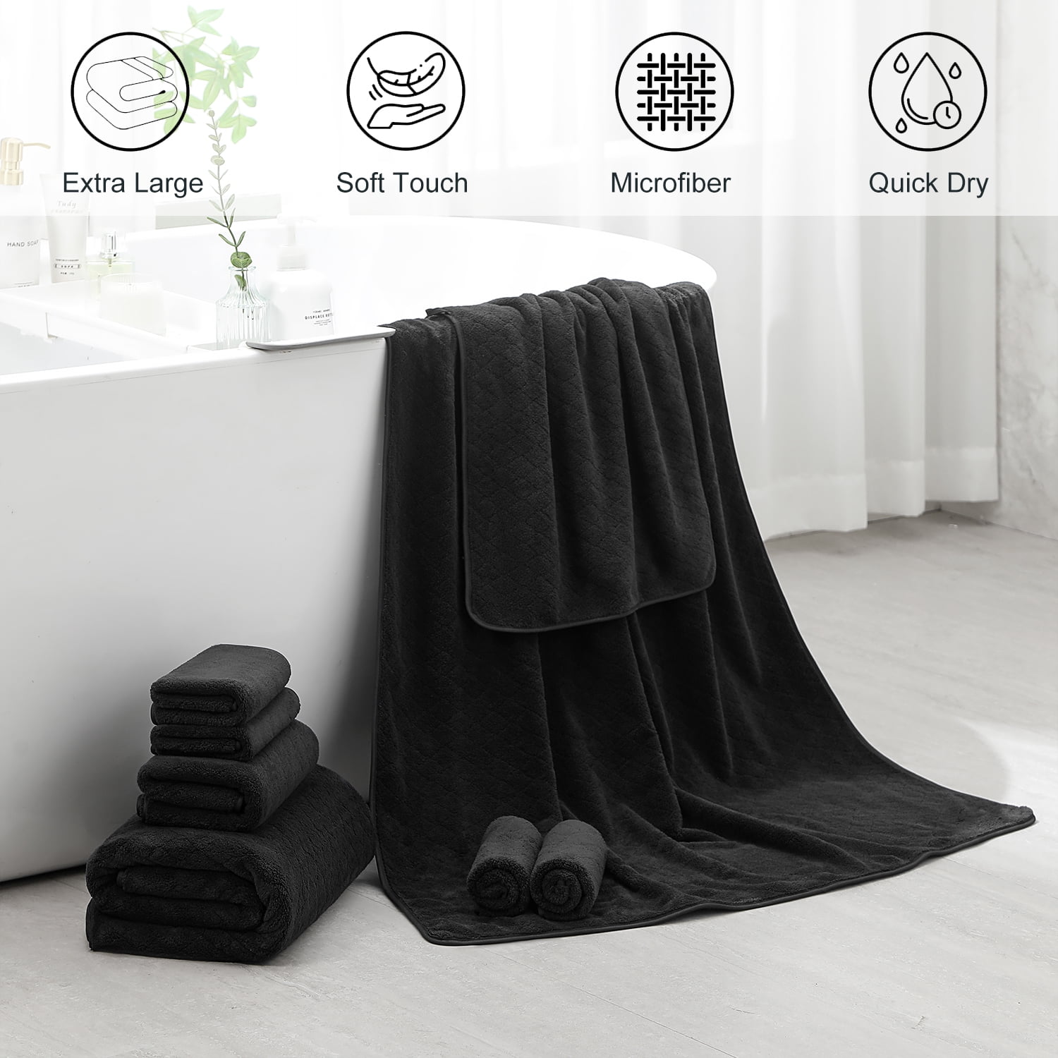 Beartech 8 Piece Microfiber Bath Towels Set - 2 Bath sheets,2 Hand Towels,4 Washcloths,Soft & Highly Absorbent Family Towels,Quick Dry & Less Lint Shower towels for Bathroom,Spa-Black
