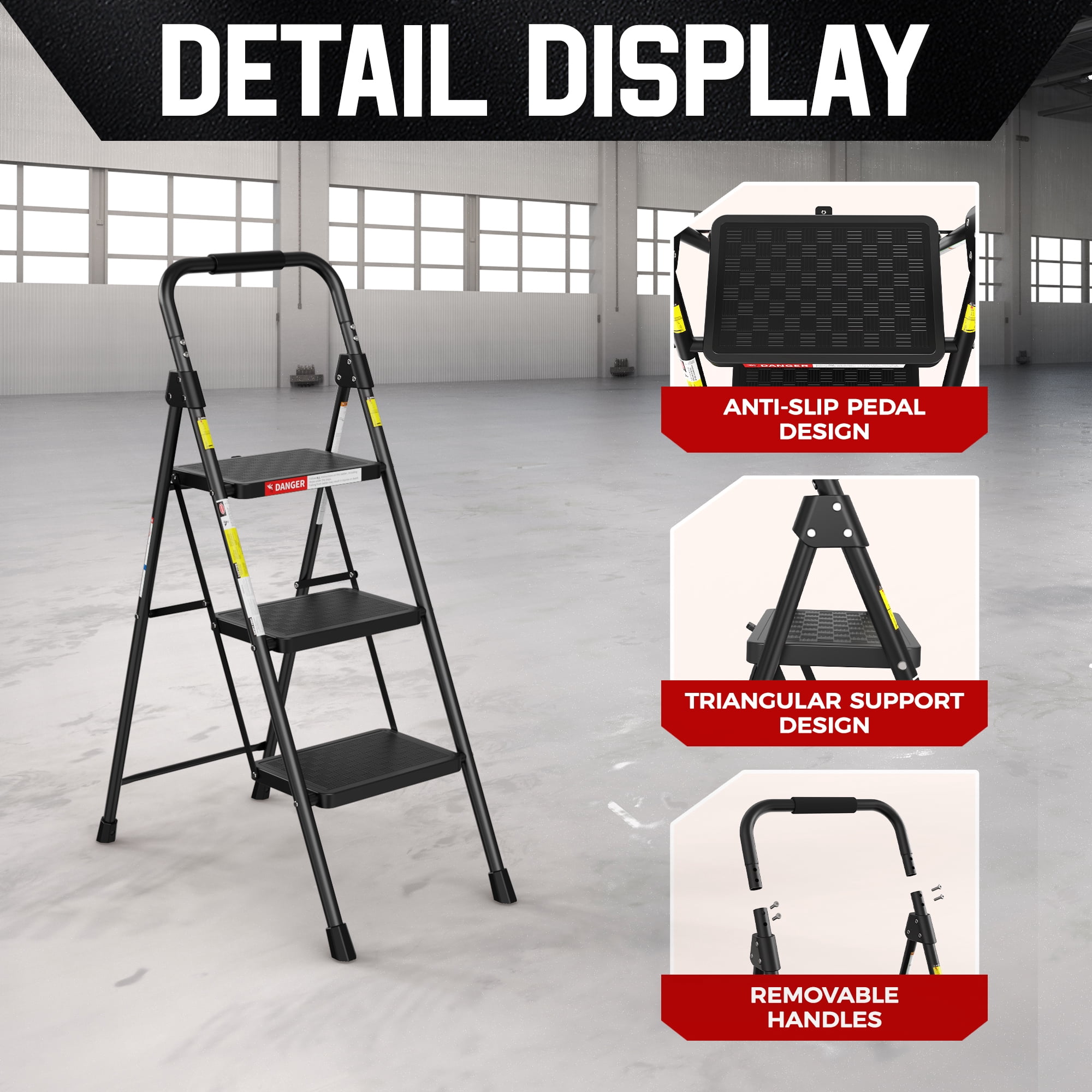 LevLad 3 Step Ladder, Folding Step Stool with Anti-Slip Pedal, Sturdy Steel Ladder, Convenient Handrail, Lightweight, Portable, Black