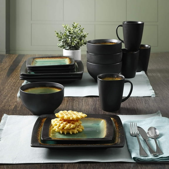 Ocean  Square Reactive Glaze Stoneware Dinnerware Set, Service for 4 (16pcs), Jade
