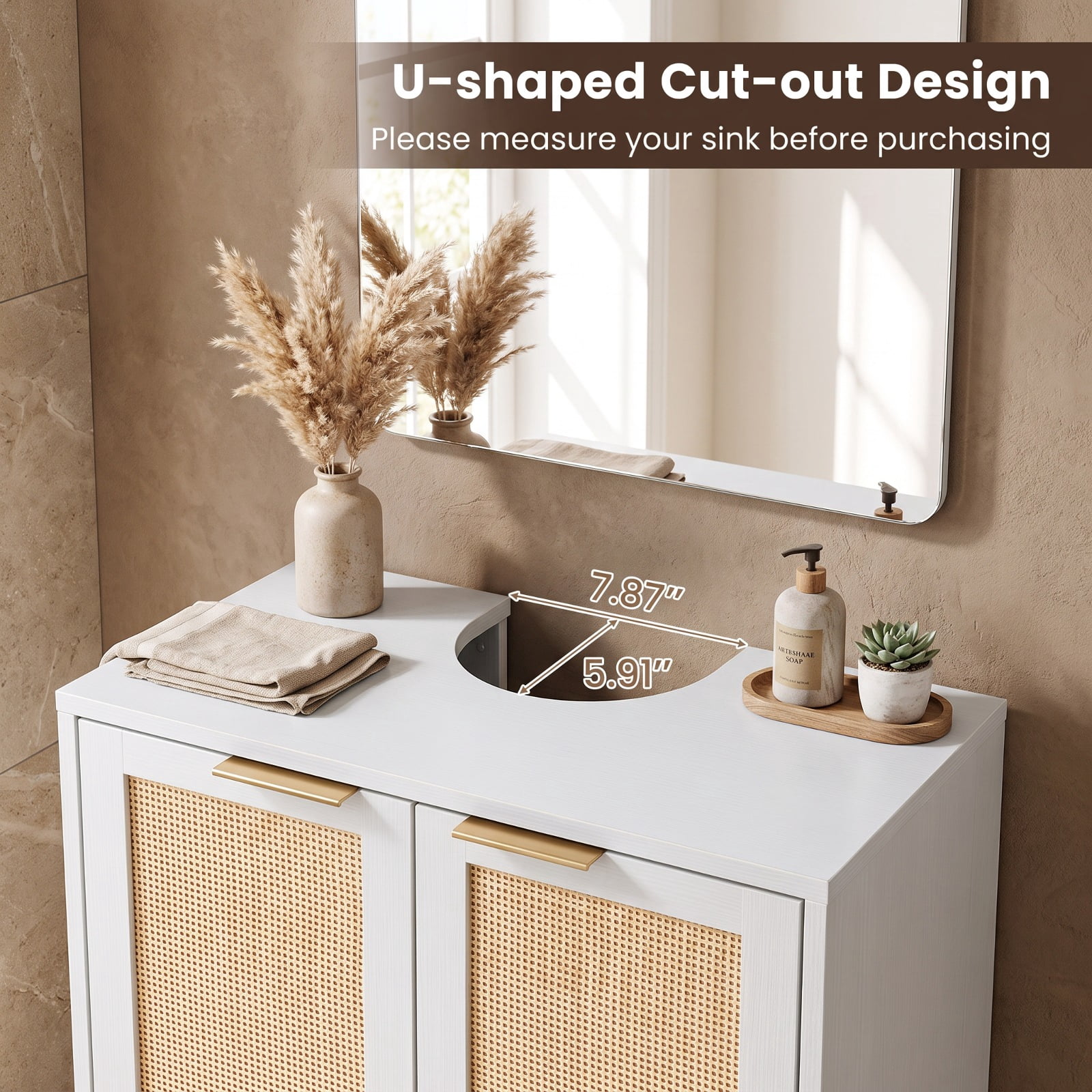 Vebreda Freestanding Bathroom Storage Cabinet, Bathroom Vanity Cabinet with U-Shaped Cut-Out 2 Rattan Doors and Shelf, Hidden Sink Organizer