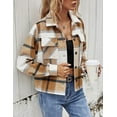 thumbnail image 4 of Lentta Women's Fashion Cropped Flannel Wool Blend Plaid Shacket Long Sleeve Button Down Jackets Coat (Brown-S), 4 of 5