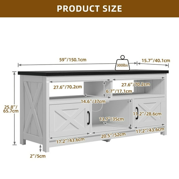VibrantEcho TV Stand Storage Cabinet, White & Black Entertainment Center for 65" TVs with Open Shelf