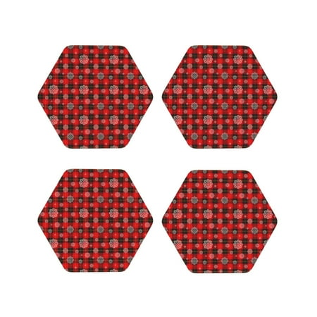 

Honeii Snowflakes On A Buffalo Plaid Print Leather Coaster Set of 4 Ideal for Safeguarding Your Furniture from Drinks Spills and Effortless Cleanup-Hexagon