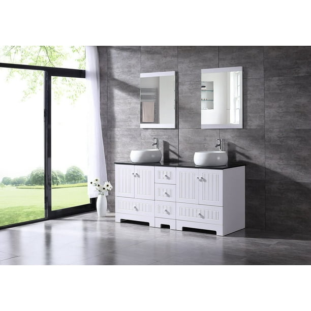 Wonline 60 White Double Bathroom Vanity Cabinet And Round Ceramic Sink W Mirror Combo Wash Basin With Faucet Walmart Com