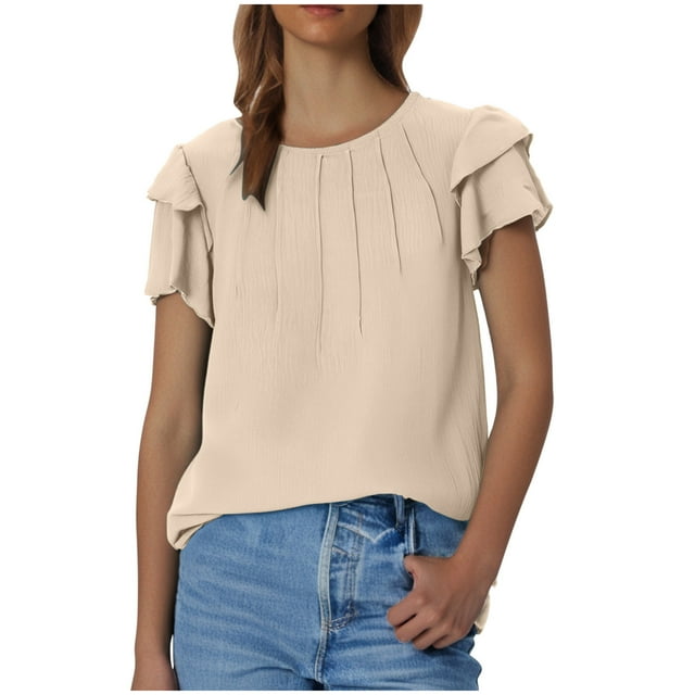 Plebaso Hauts d'Été pour Femmes Manches Courtes à Volants Blouses Décontractées Col Rond Couleur Unie Chemises Amples pour Femmes