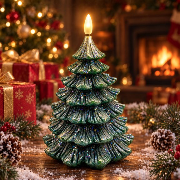 Uooglle Flameless Christmas Tree Taper Candles, Green LED Battery Operated Flickering Candlesticks for Festive Fireplace & Table Decor