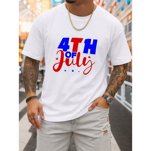 Men'S White T-Shirt For The 4Th Of July, Featuring A Patriotic Design. Perfect For Summer Casual Sportswear With