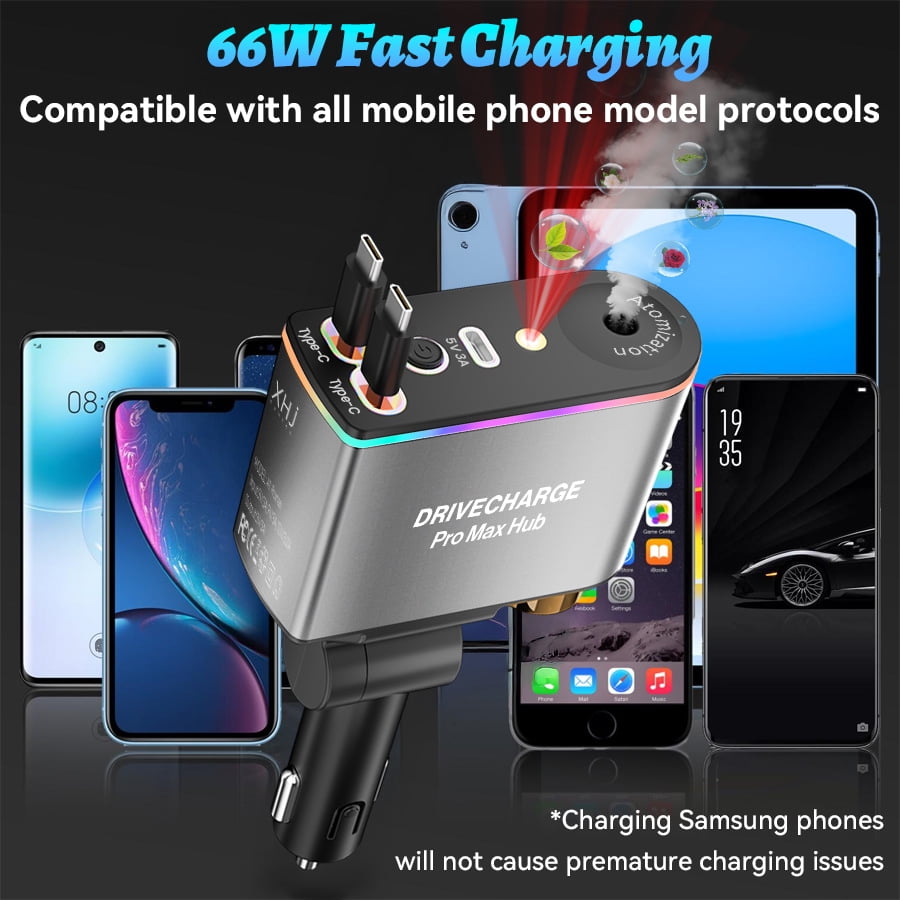 Retractable Car Charger 5 in 1 power adapter, starlight car charger with Car Aromatherapy, 45W car phone charger USB C Fast Charging for iPhone 16 15 14 & Android