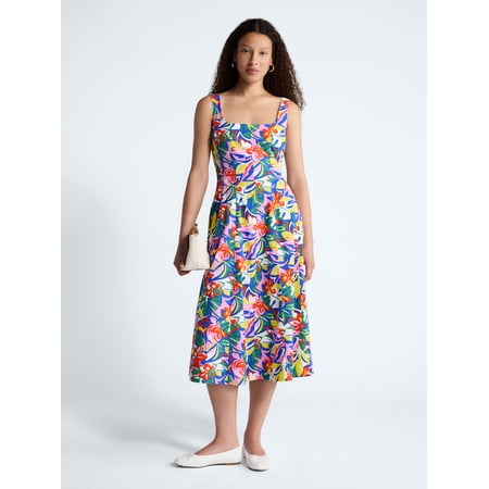 Free Assembly Women's and Women's Plus Square Neck Cotton Midi Panel Dress, Sizes XS-4X