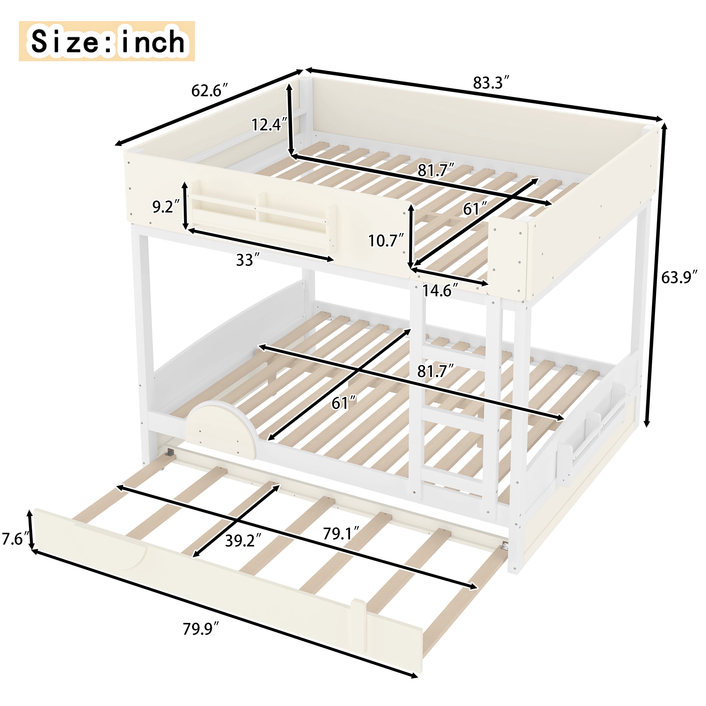 Mintazer Queen Over Queen Car Themed Bunk Bed with Trundle & Bookshelf, Modern Bunk Bed with Guardrail for Kids, White & Beige