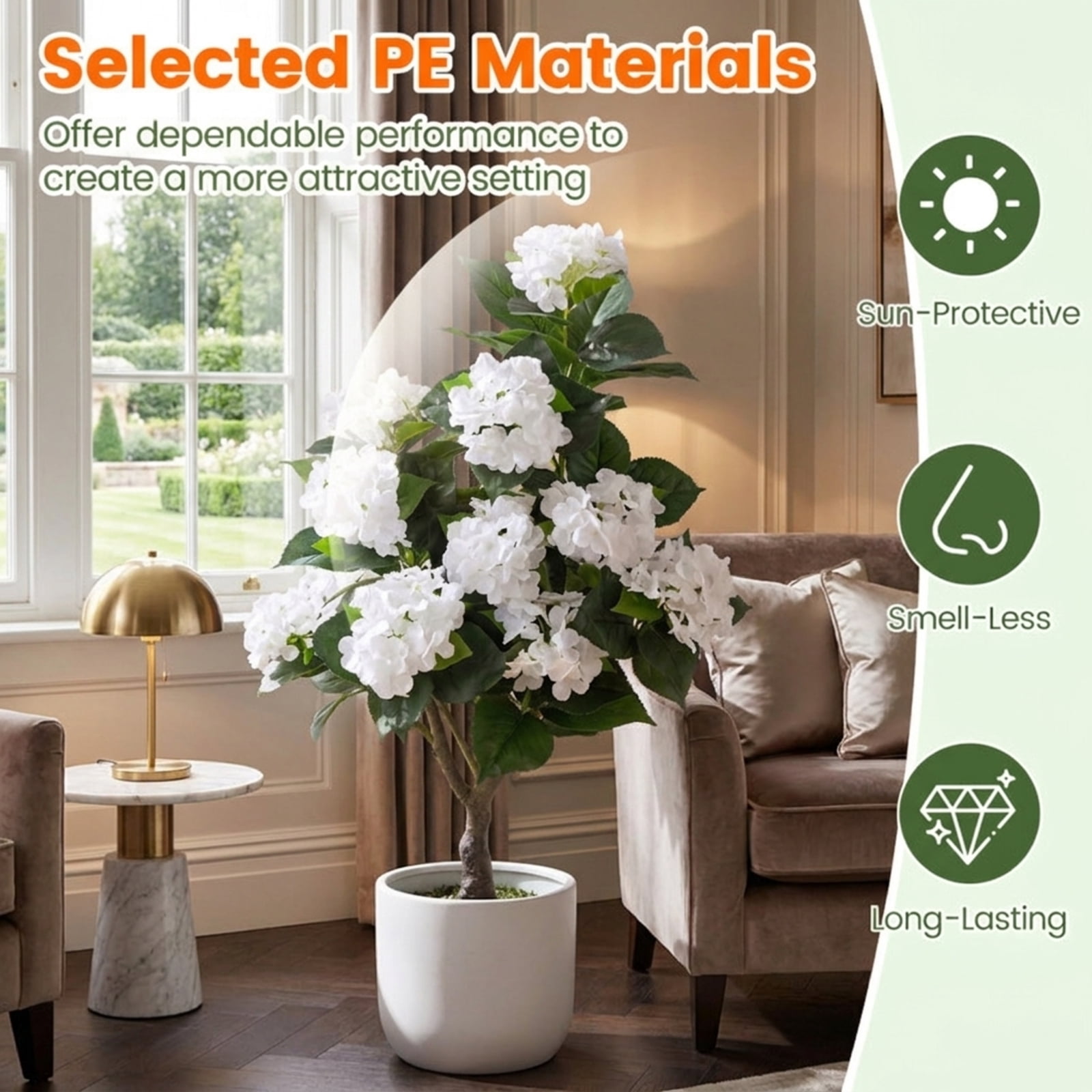 SUGIFT Artificial Hydrangea Tree with 11 White Flowers, Faux Floral Plant with Cement Pot and Silk Blooms for Indoor Living Room Bedroom Decor, White