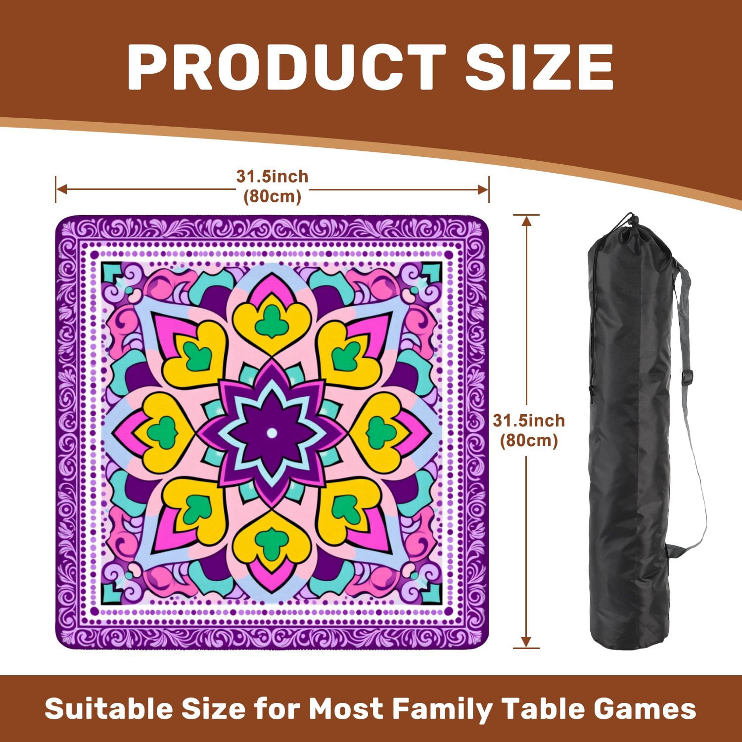 Mahjong Mat 31.5" x 31.5" Colorful Heart Floral Mandala Purple Pink Tones Non-Slip Noise Reduction American Mahjong Tiles Table Cover for Dominoes Poker Card Board Games Gift