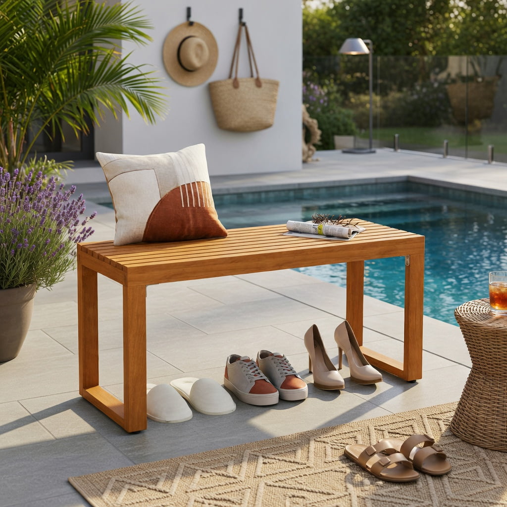 Hommoo 36" Acacia Wood Outdoor Patio Bench, Teak Finish Slatted Loveseat for Backyard, Poolside & Porch, Natural