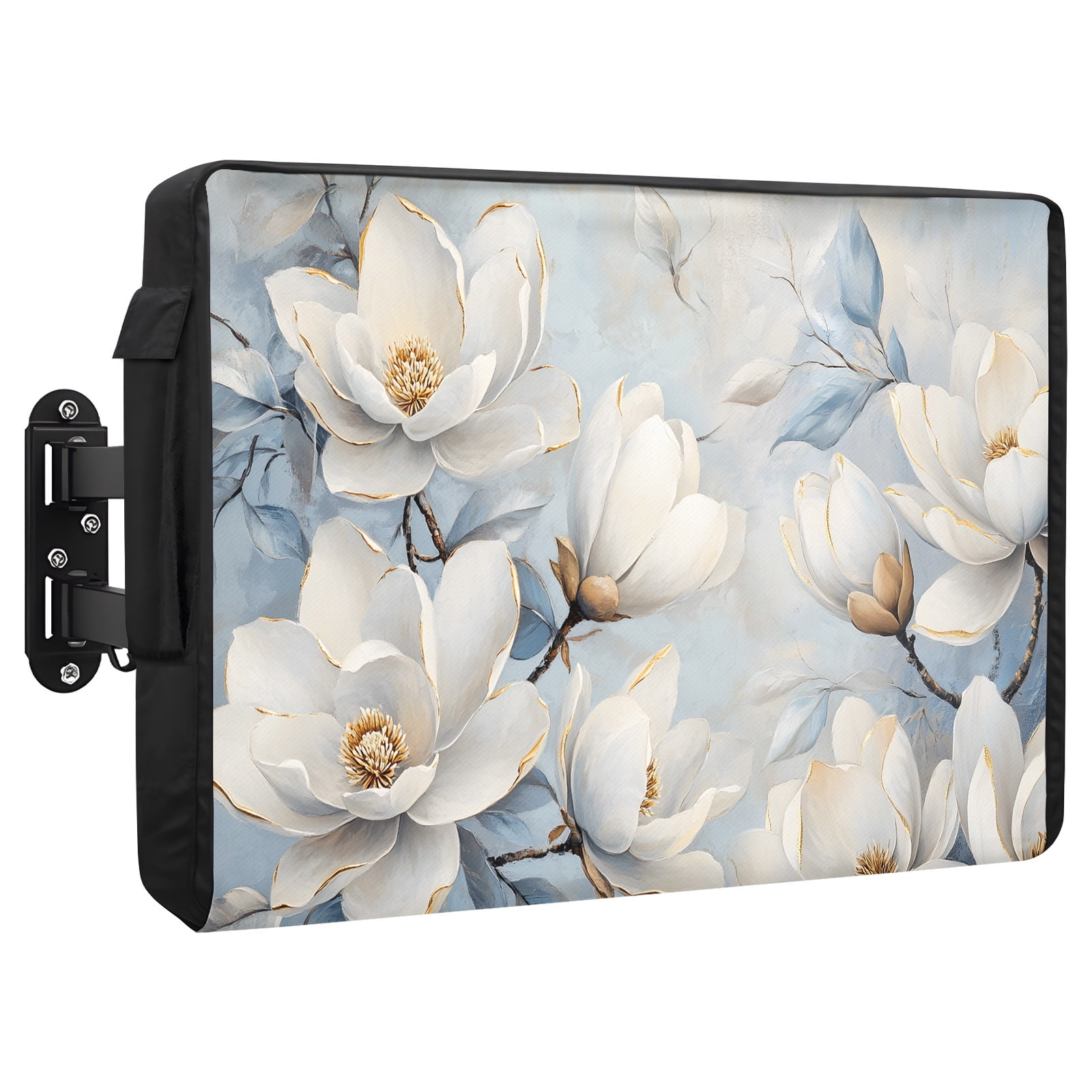 White Magnolia Outdoor TV Cover 36 to 39 Inch Farmhouse Flowers Floral Retro Background Weatherproof and Waterproof TV Cover Heavy Duty Outside Flat TV Screen Protector with Remote Control Pocket
