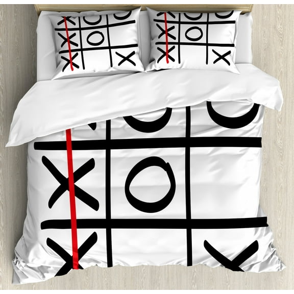 Xo Duvet Cover Set, Popular Activity Game Pattern Hand Drawn Design Win Victory Finish Theme, Decorative 3 Piece Bedding Set with 2 Pillow Shams, Queen Size, Vermilion Black White, by Ambesonne
