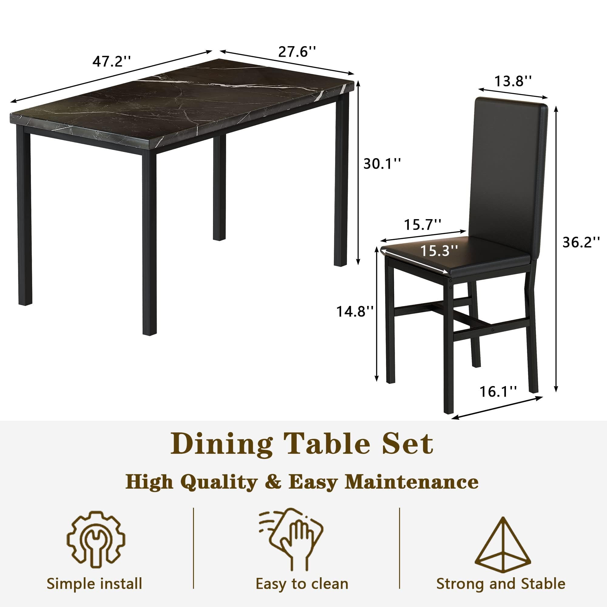 LinkRomat Dining Table Set for 4, Faux Marble Kitchen Table Set with 4 Leather Upholstered Chairs, 5 Piece Modern Dinette for Dining Room