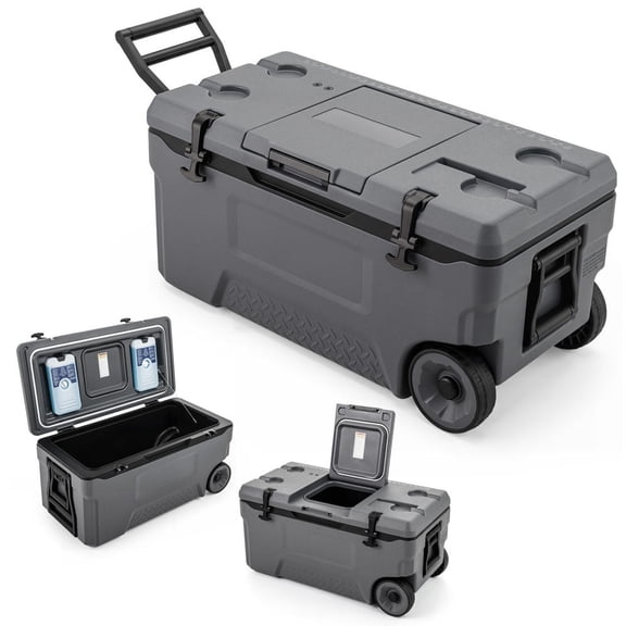 74 Quart Portable Rolling Cooler with Fish Ruler, 2 Wheels, Cup Holders, Gray