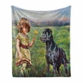 thumbnail image 1 of Country Soft Flannel Fleece Throw Blanket, Paint of a Little Girl Her Tiny Flower Dog in the Meadow Pastoral Artwork, Cozy Plush for Indoor and Outdoor Use, 60" x 80", Multicolor, by Ambesonne, 1 of 6