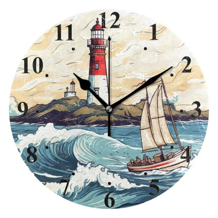 Lighthouse Ship Waves Island Black 10 inch Wall Clocks Non Ticking Easy to Read Battery Decorative for Home Bathroom Kitchen Bedroom Living Room