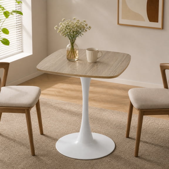 SOULART 24" Square Tulip Dining Table with MDF Top & Matte White Metal Base, Mid Century Modern Bistro Table for Kitchen, Small Spaces, Cafe, Faux Oak