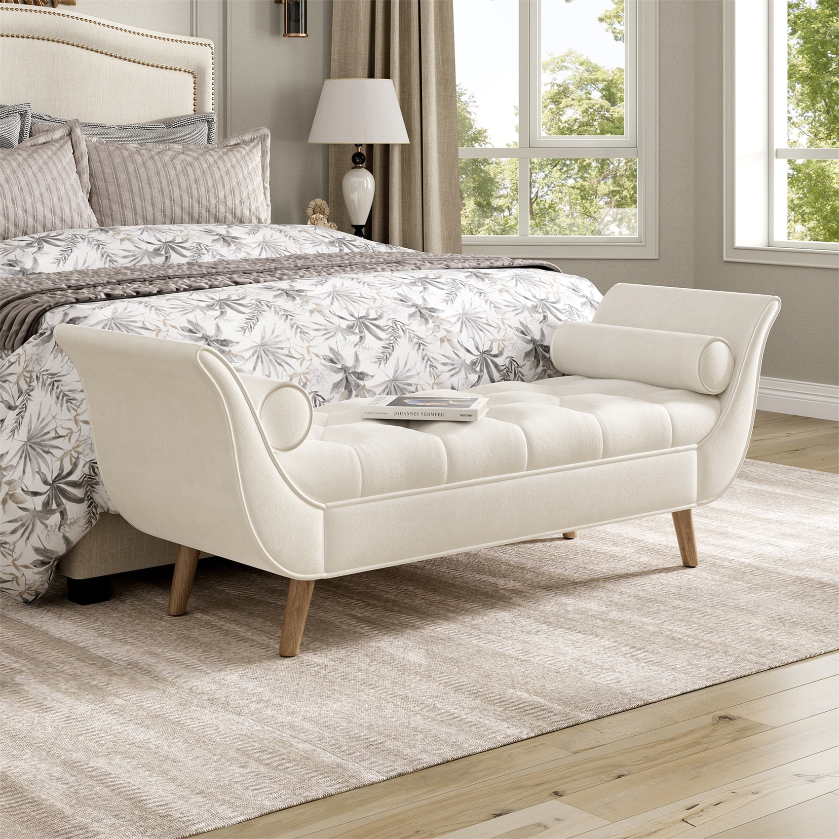Alvantor Button Tufted End of Bed Benches Velvet Upholstered Bench with Pillows for Bedroom,Living Room, Entryway Beige