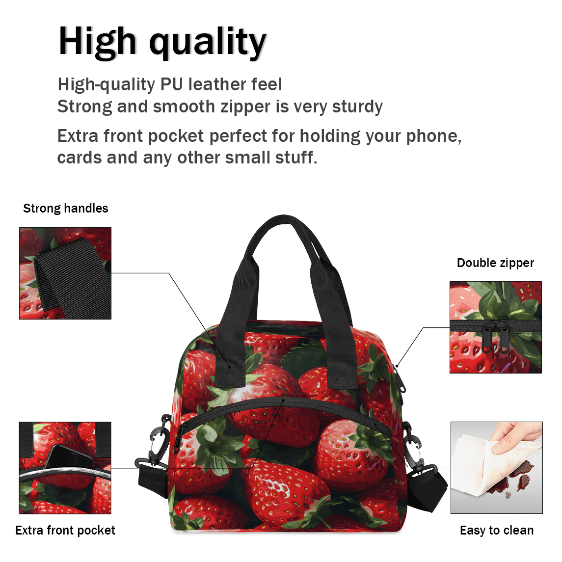 Herdesigns Fresh Strawberries Insulated Lunch Bag for Women Men Adults Large Reusable Lunch Box Leakproof Portable Cooler Tote Bags with Adjustable Shoulder Strap
